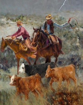 Original Cowboy Western Art Painting - cowherds western original